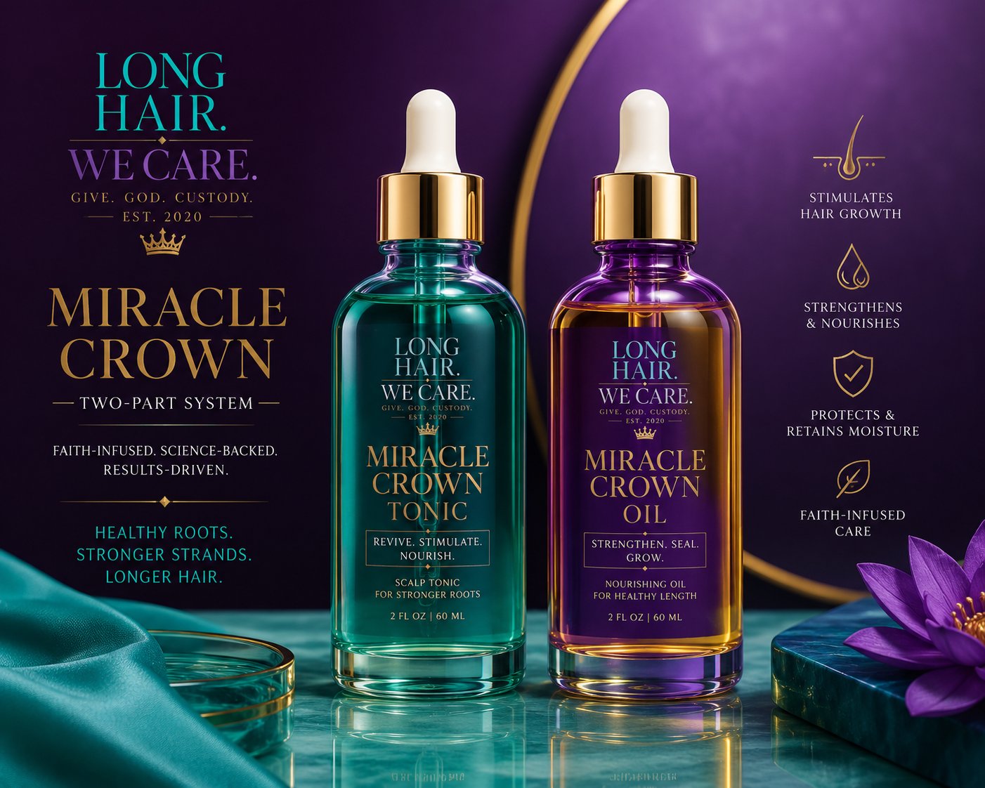 Miracle Crown two-part system — teal Hydration Tonic and purple-gold Sealing Oil